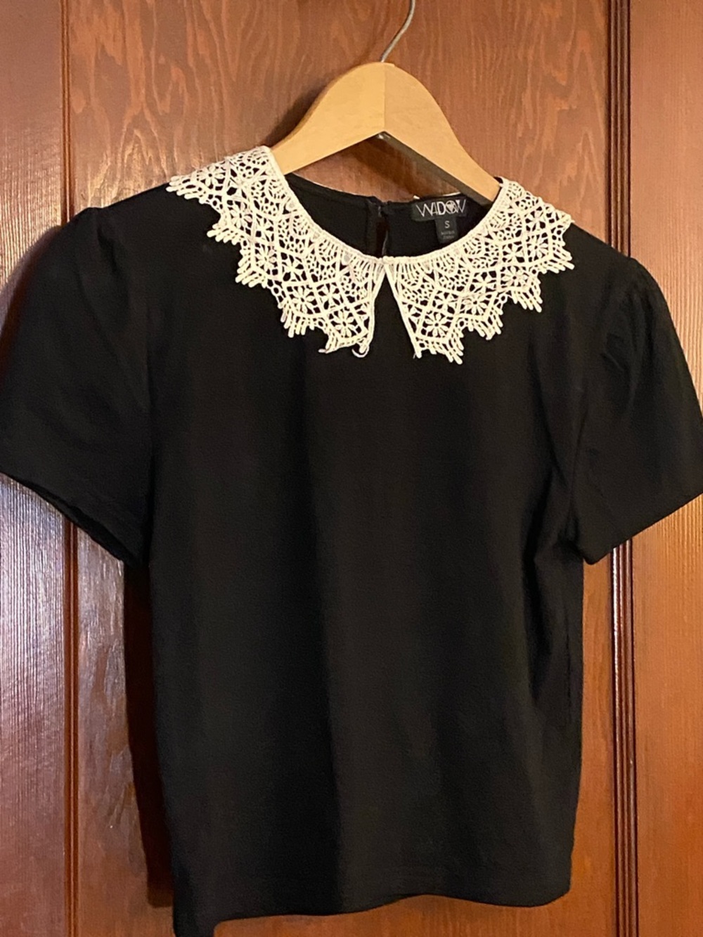 DOLLS KILL Widow Black Crop with White Crochet Lace Collar